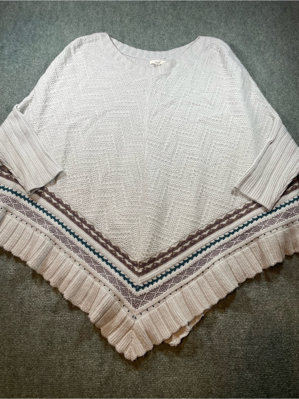 easel Cream Knit Poncho with Patterned Trim